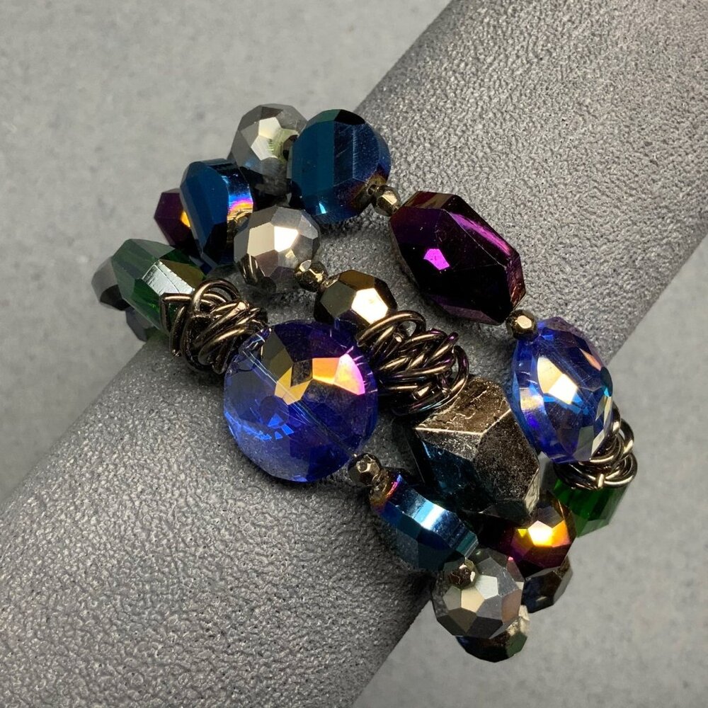Chunky Beaded Wrap Bracelet Memory Wire Iridescent Purple Blue Green Dark Silver